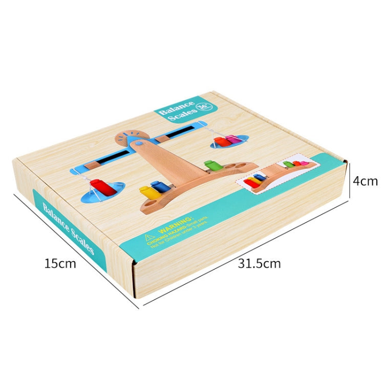 Wooden balance scale educational toy box with blue-and-green graphics and weights