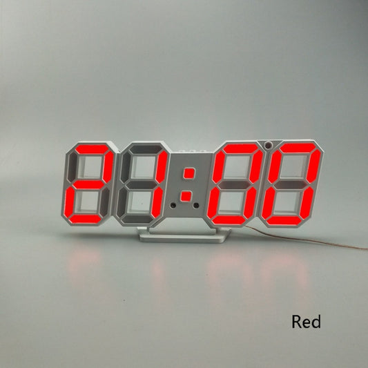 3D LED alarm clock showing red illuminated 3D digits on gray frame with cable