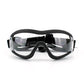 Dog protective goggles with clear transparent lenses, black frame, and elastic side straps