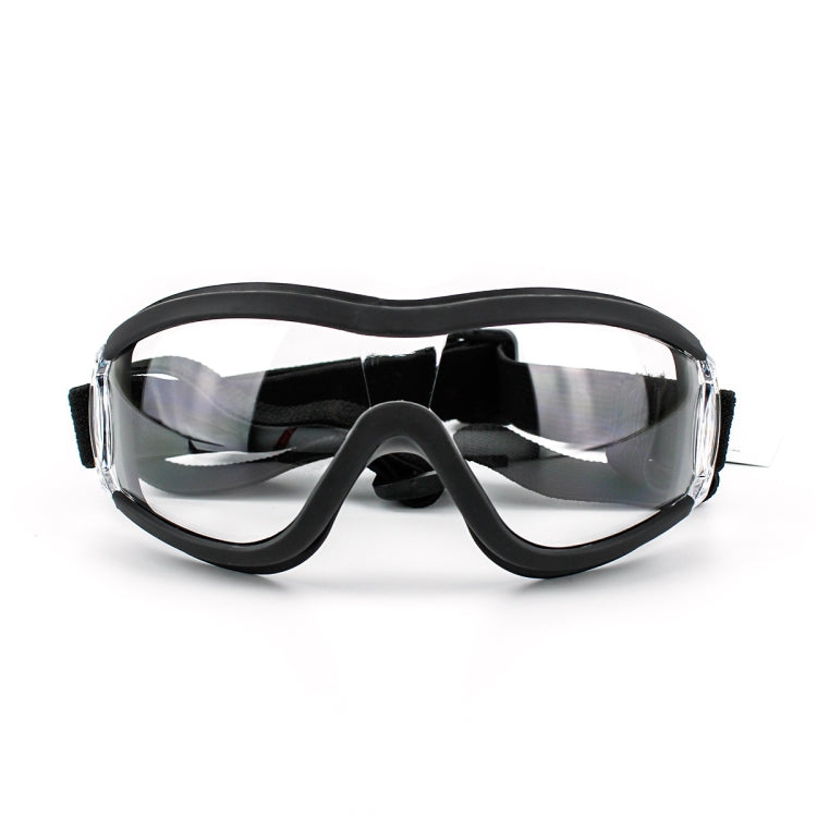 Dog protective goggles with clear transparent lenses, black frame, and elastic side straps