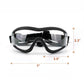 Dog protective goggles with clear lenses and black frame, shown with size dimensions