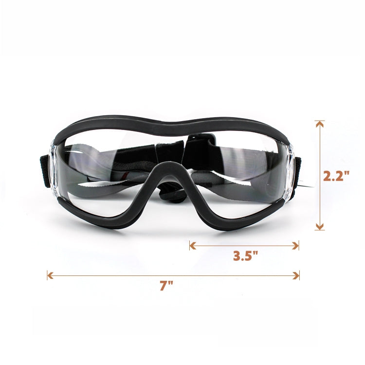 Dog protective goggles with clear lenses and black frame, shown with size dimensions