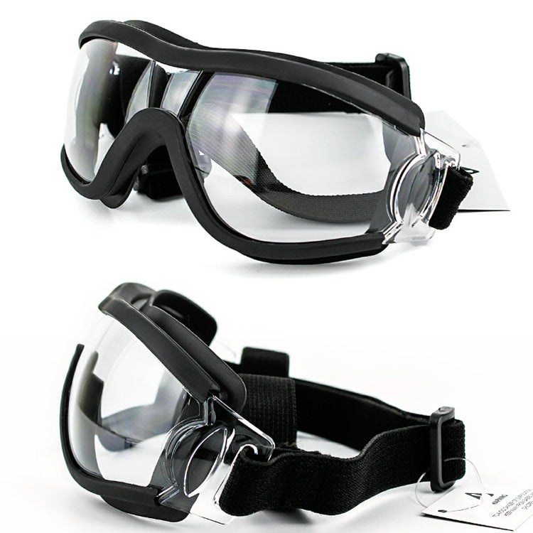 Dog protective goggles set with transparent lenses, black frame, and adjustable webbing strap