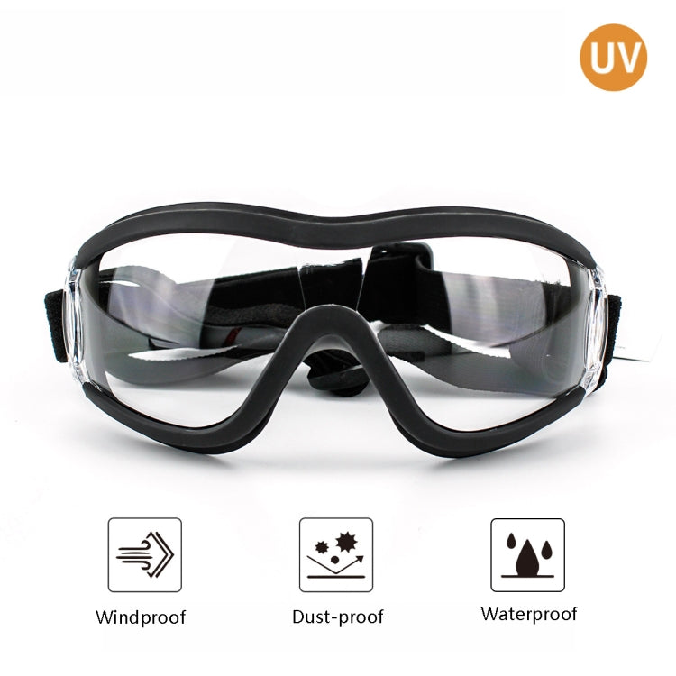 Dog protective goggles with clear lenses, black frame, and secure adjustable strap