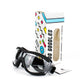 Dog protective goggles with transparent lenses, black frame, and included boxed packaging