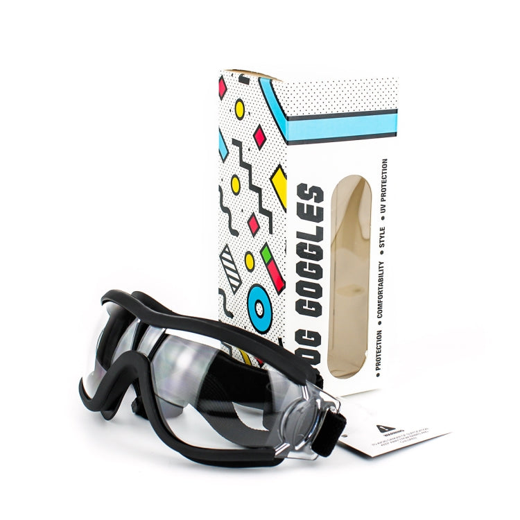 Dog protective goggles with transparent lenses, black frame, and included boxed packaging