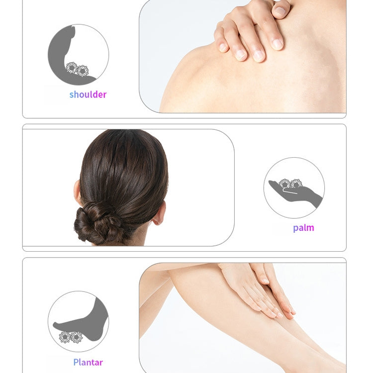 Fingertip massage ball spinner usage diagrams for shoulder, palm, and plantar