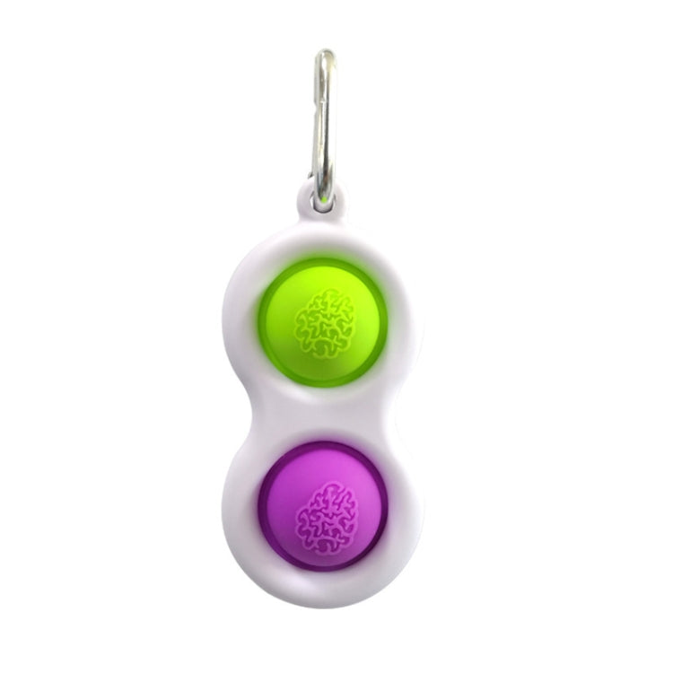 Finger fidget keychain with two press buttons, white with green and purple pads