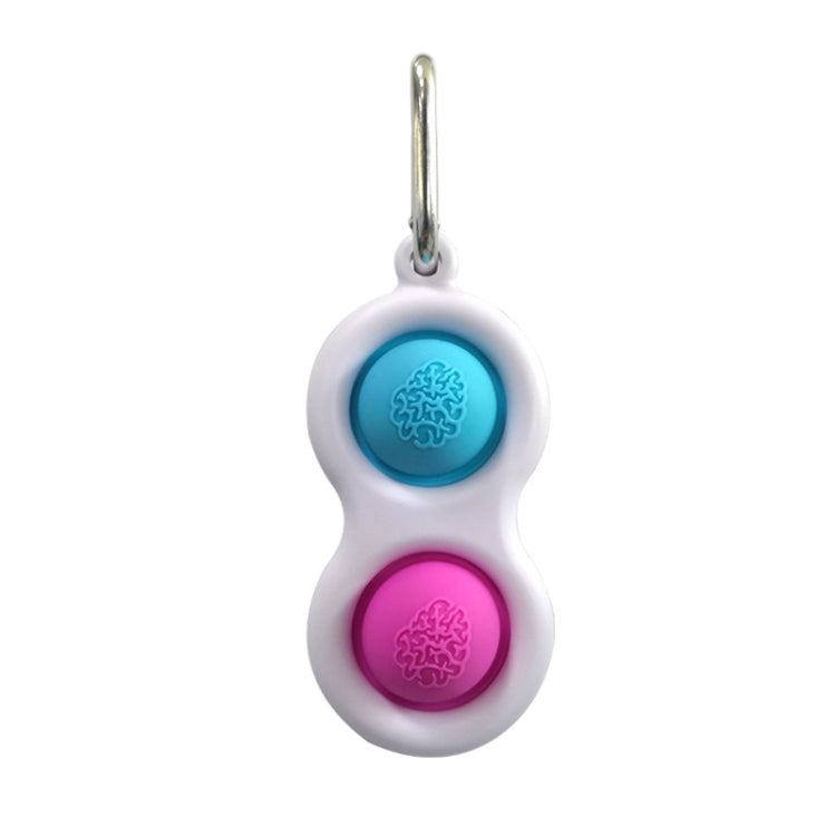 Finger fidget keychain with two press buttons, white with blue and pink pads