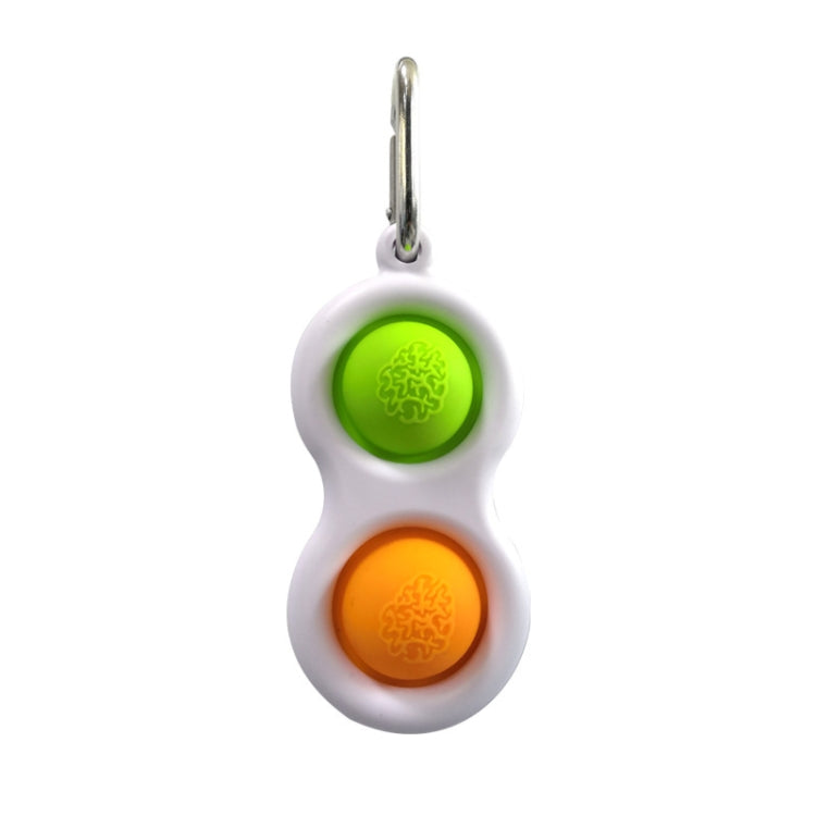 Finger fidget keychain with two press buttons, white with green and orange pads