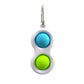Finger fidget keychain with two press buttons, white with blue and lime green pads