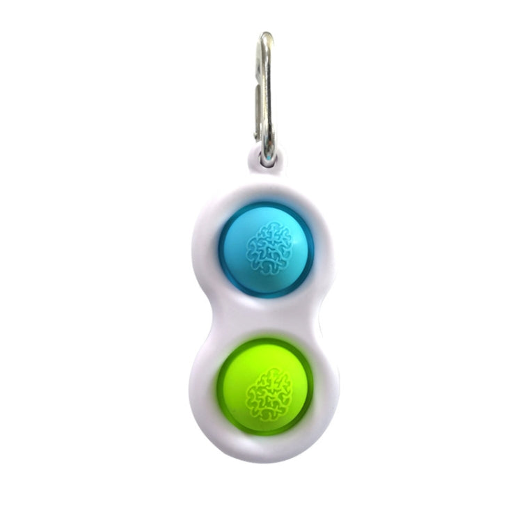 Finger fidget keychain with two press buttons, white with blue and lime green pads