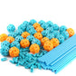Assorted ball connectors and blue rods for a DIY insert tent building toy set