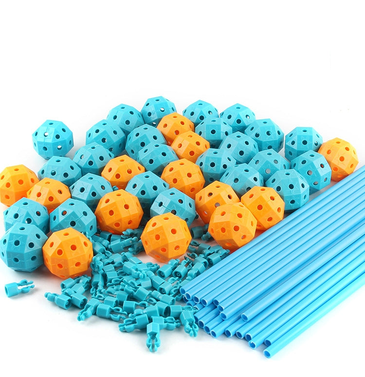 Assorted ball connectors and blue rods for a DIY insert tent building toy set