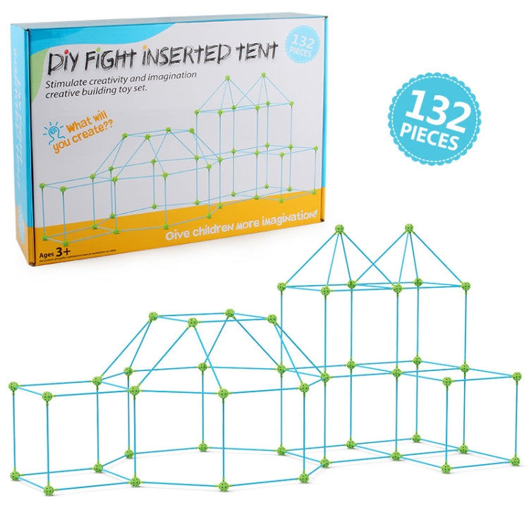 DIY tent building toy kit showing 132 pieces and a completed blue frame structure