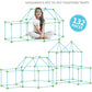 Children assembling DIY tent building structure with blue frame and green connector nodes