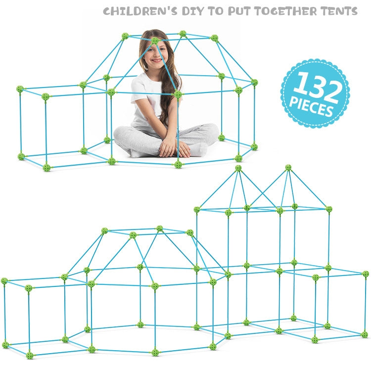 Children assembling DIY tent building structure with blue frame and green connector nodes