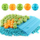 Close view of green and orange ball connectors with blue rods for a DIY tent kit