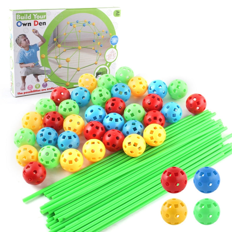 DIY play tent building set with green rods and colorful connector balls