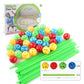 DIY play tent building set with green rods, colorful balls, and size guide