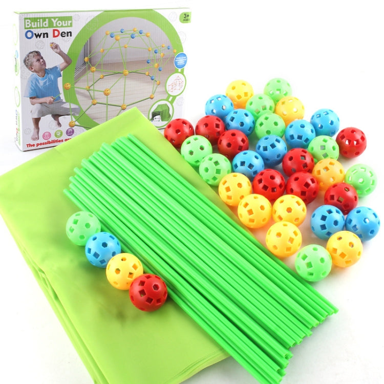 DIY play tent building set with green cloth panels, rods, and colorful balls
