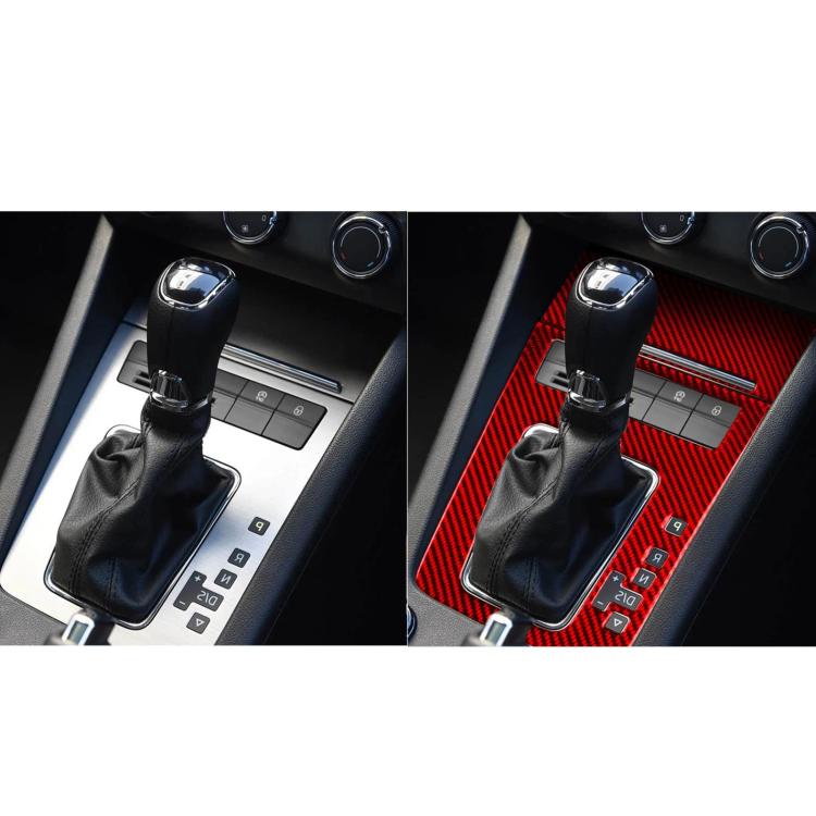 Car center console gear shift panel trim set, black and red carbon-fiber inserts