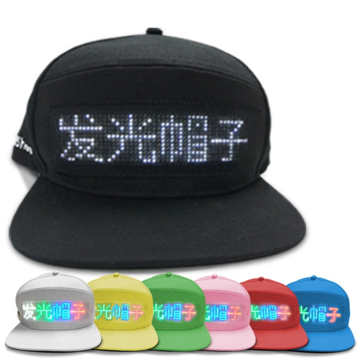 Black LED advertising cap with blue dot-matrix message on front panel