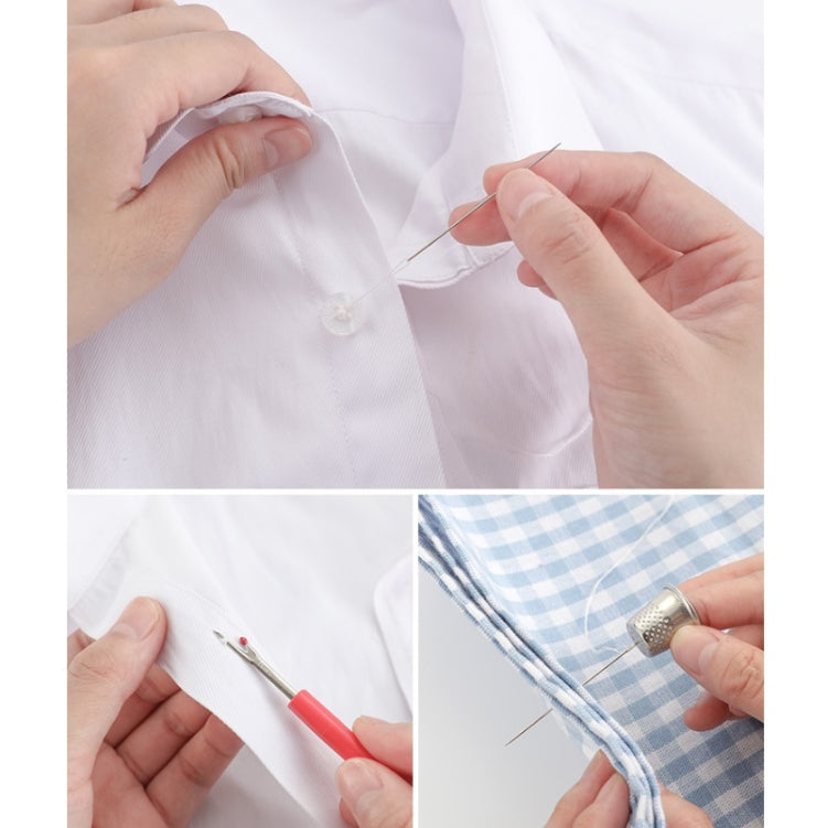 Hands using a needle and thread on white fabric to form a seam