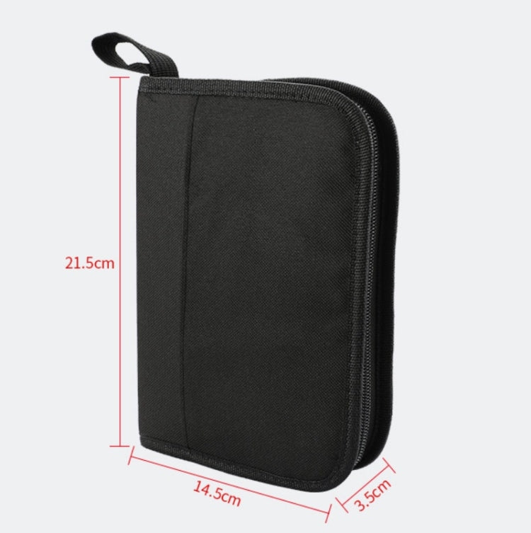 Black fabric sewing kit case with strap, sized about 21.5 x 14.5 x 3.5 cm