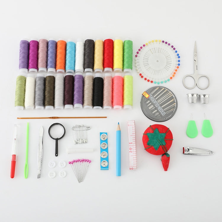 Assorted sewing kit contents: colorful thread spools, needles, scissors, and measuring tape