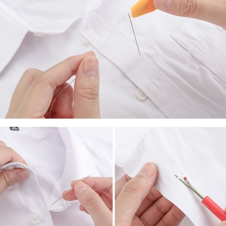 Hand sewing white fabric with needle and thread, using the sewing kit