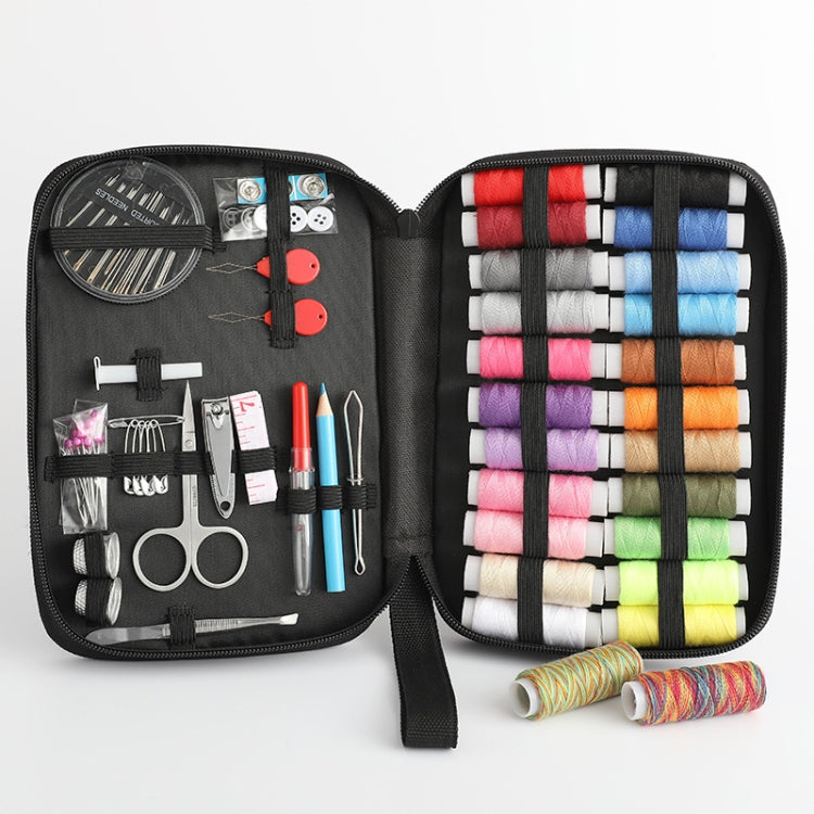 Open sewing kit case showing spools, scissors, needles, and colorful thread rolls