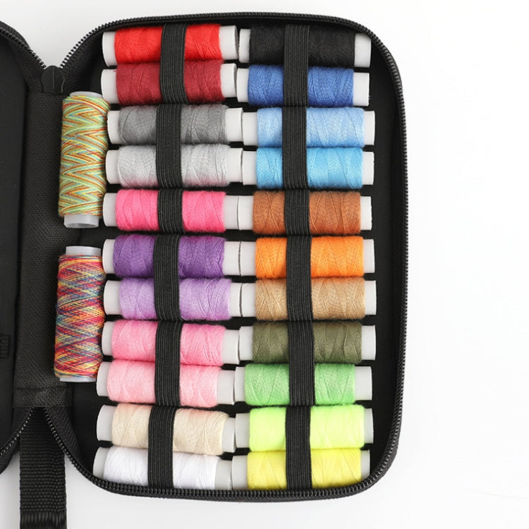 Sewing kit case with stacked colorful thread spools and black bands
