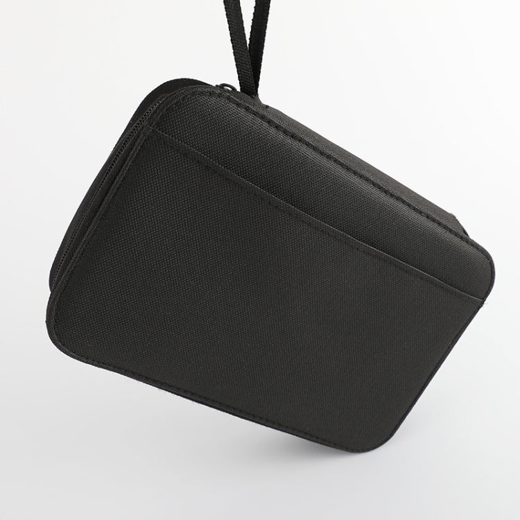 Black fabric sewing kit pouch with shoulder strap and zipper closure