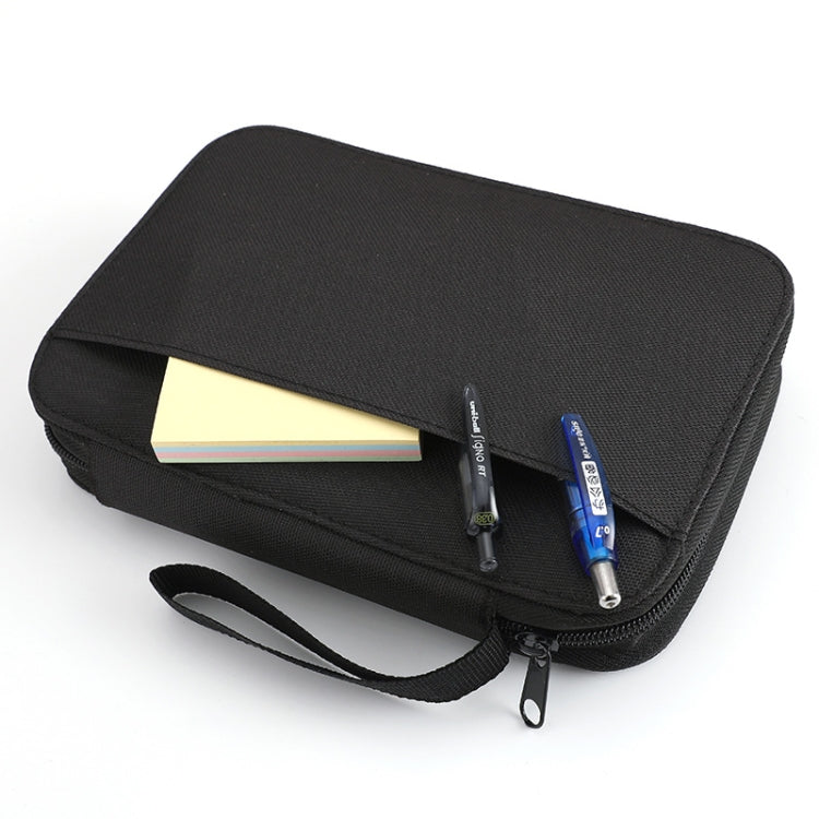 Black zipper sewing kit case holding thread card and small tools
