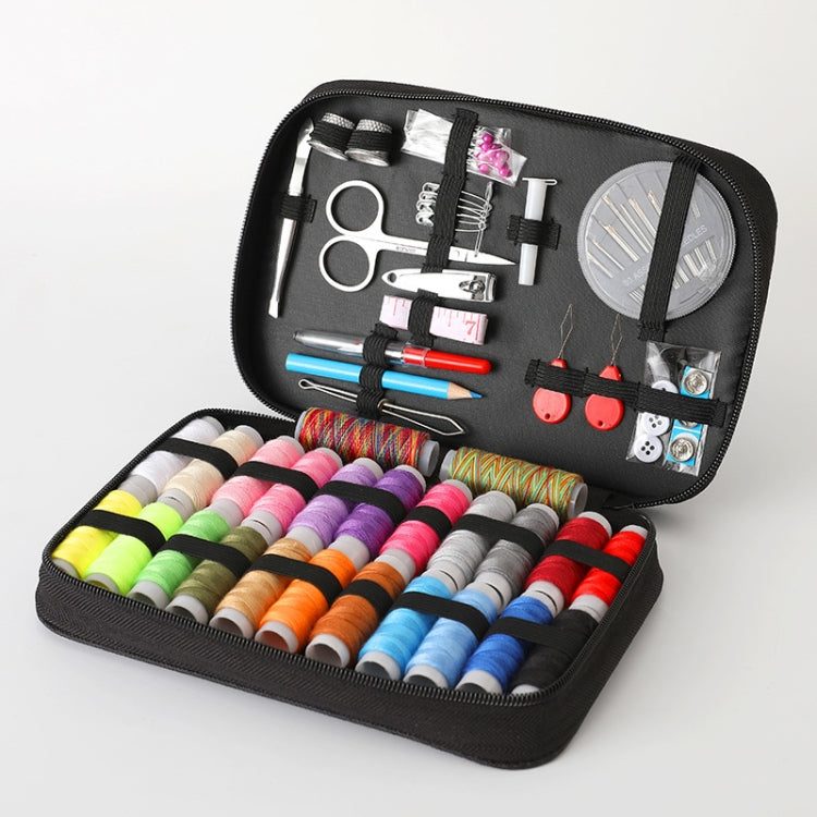 Open sewing kit case with thread spools, needles, and scissors in compartments