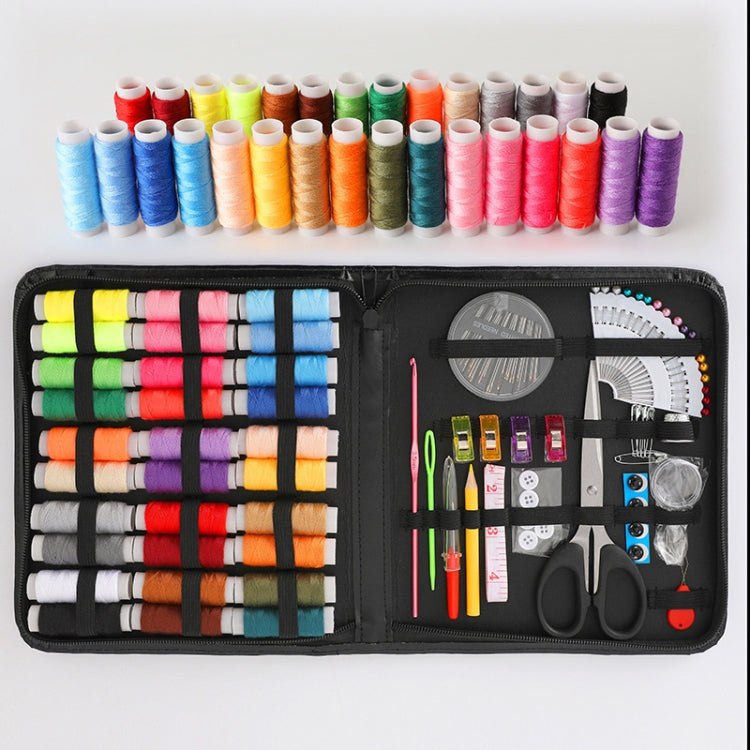 Sewing kit set in open black case with rows of thread spools and small sewing tools