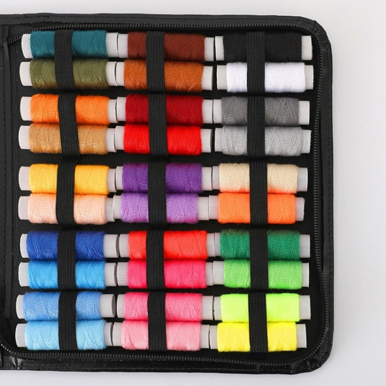 Sewing kit case section showing multiple folded thread spools in rainbow colors