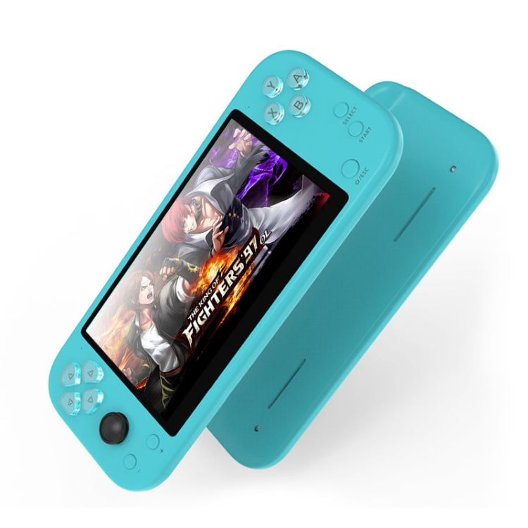Blue handheld game console with 5.1-inch screen and side controller grips.