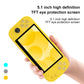 Yellow handheld game console held in hand with bright screen and button controls.
