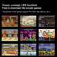 Handheld game console game library collage with classic arcade style screenshots.