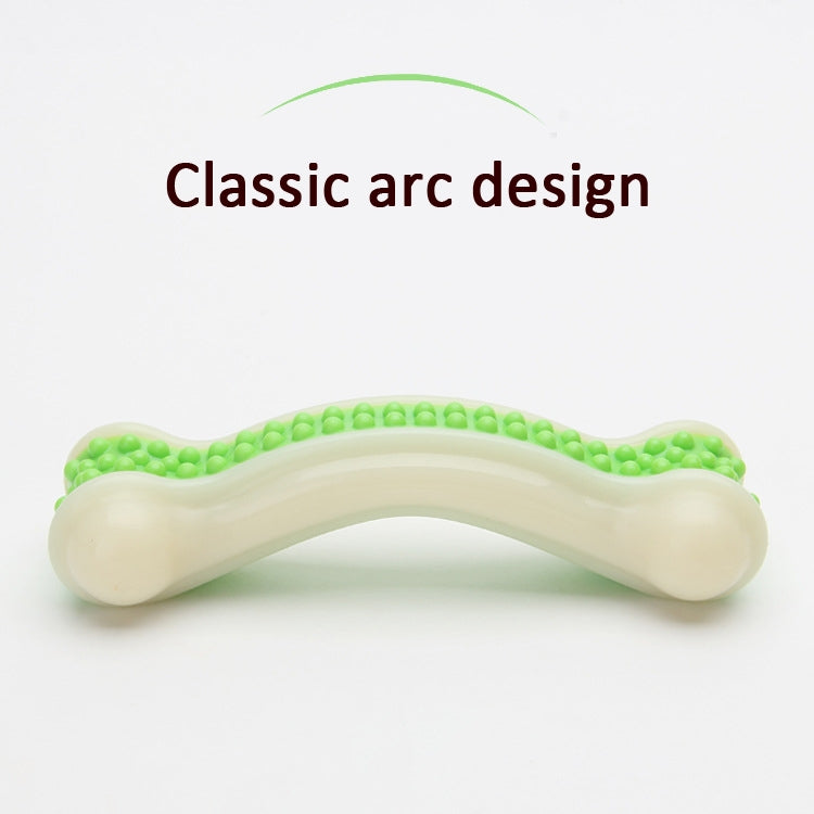 White arched nylon dog chew bone with green studded gripping surface