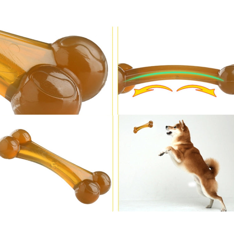 Two amber arched double-head bone dog toys with ridged center