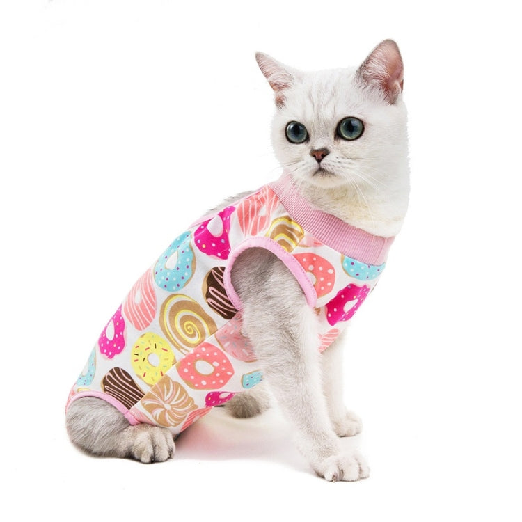 Cat recovery suit on cat, pink donut-pattern fabric with round neck cutout
