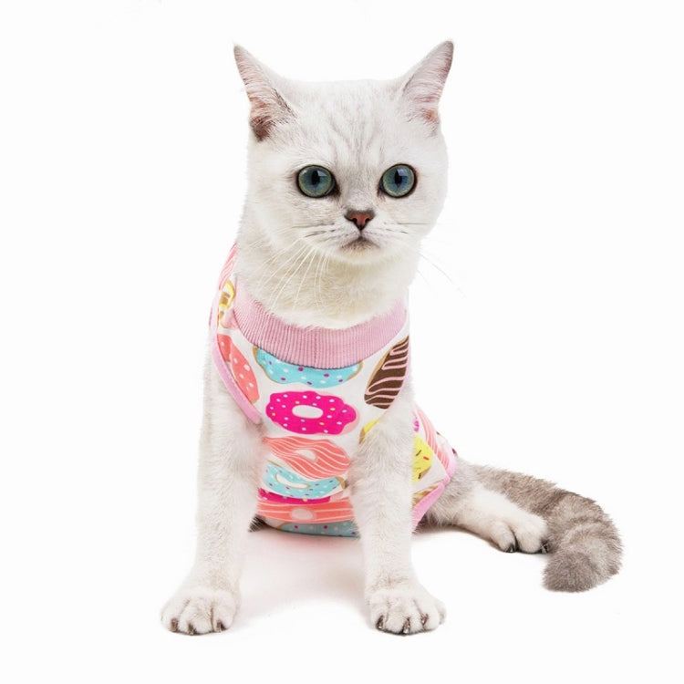Cat recovery suit, pink with colorful donut print, short sleeves and paw holes