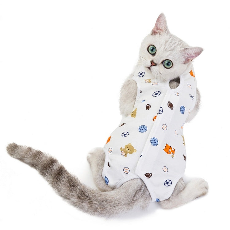 Cat recovery suit, white fabric with sports-ball and animal prints, paw openings