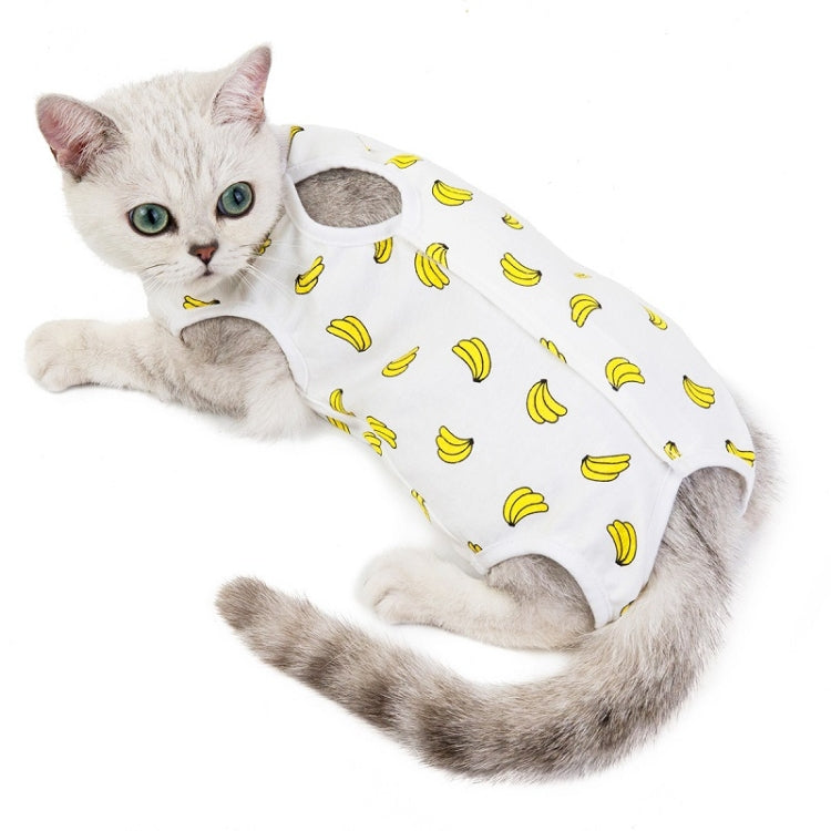 Cat recovery suit, white with yellow banana print and paw opening
