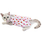White strawberry-print cat recovery suit with leg openings and neck opening