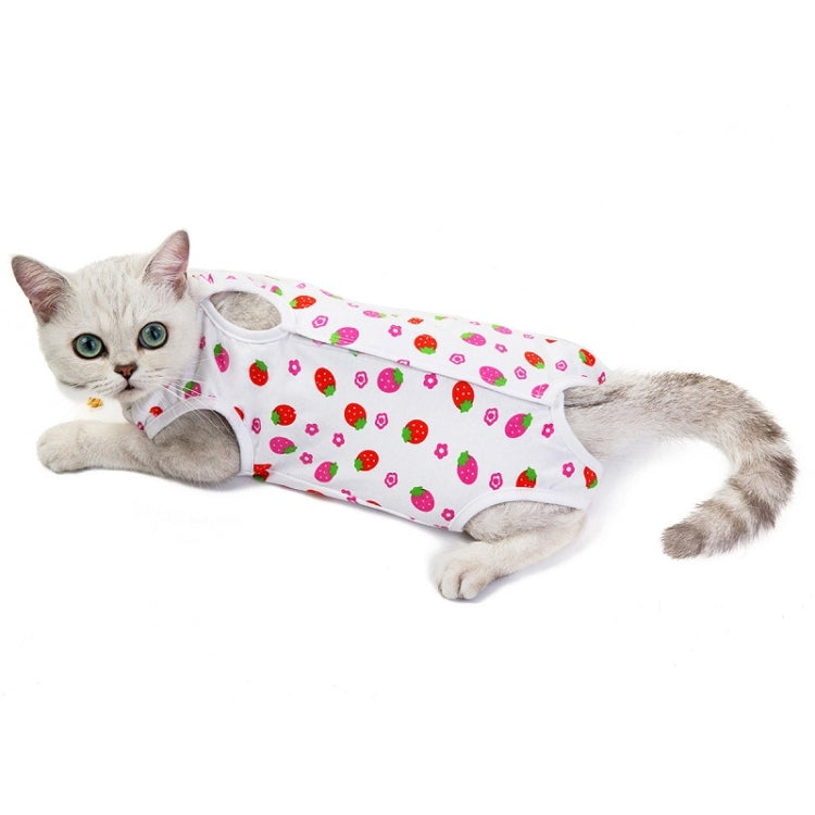 White strawberry-print cat recovery suit with leg openings and neck opening