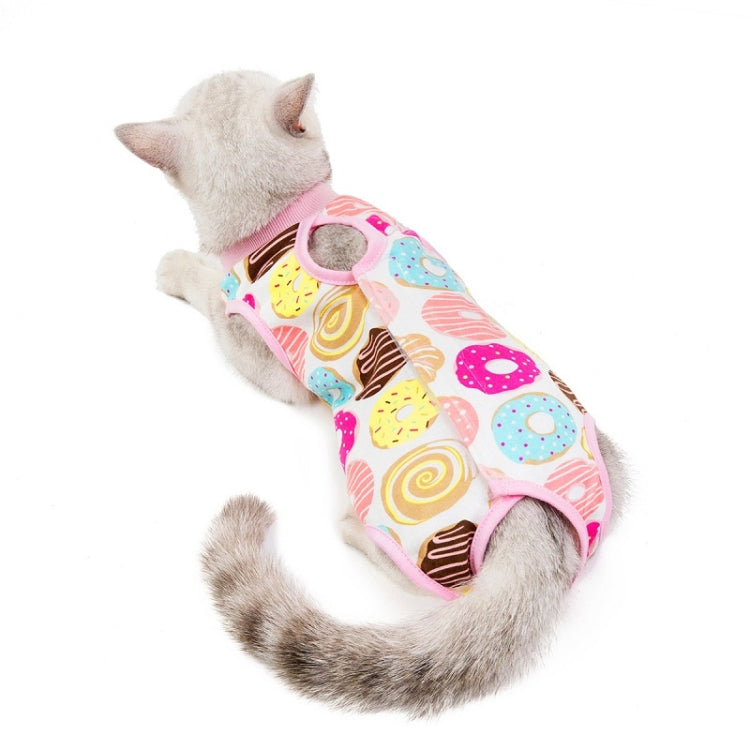 Pink donut-pattern cat recovery suit on cat with head hole and leg openings